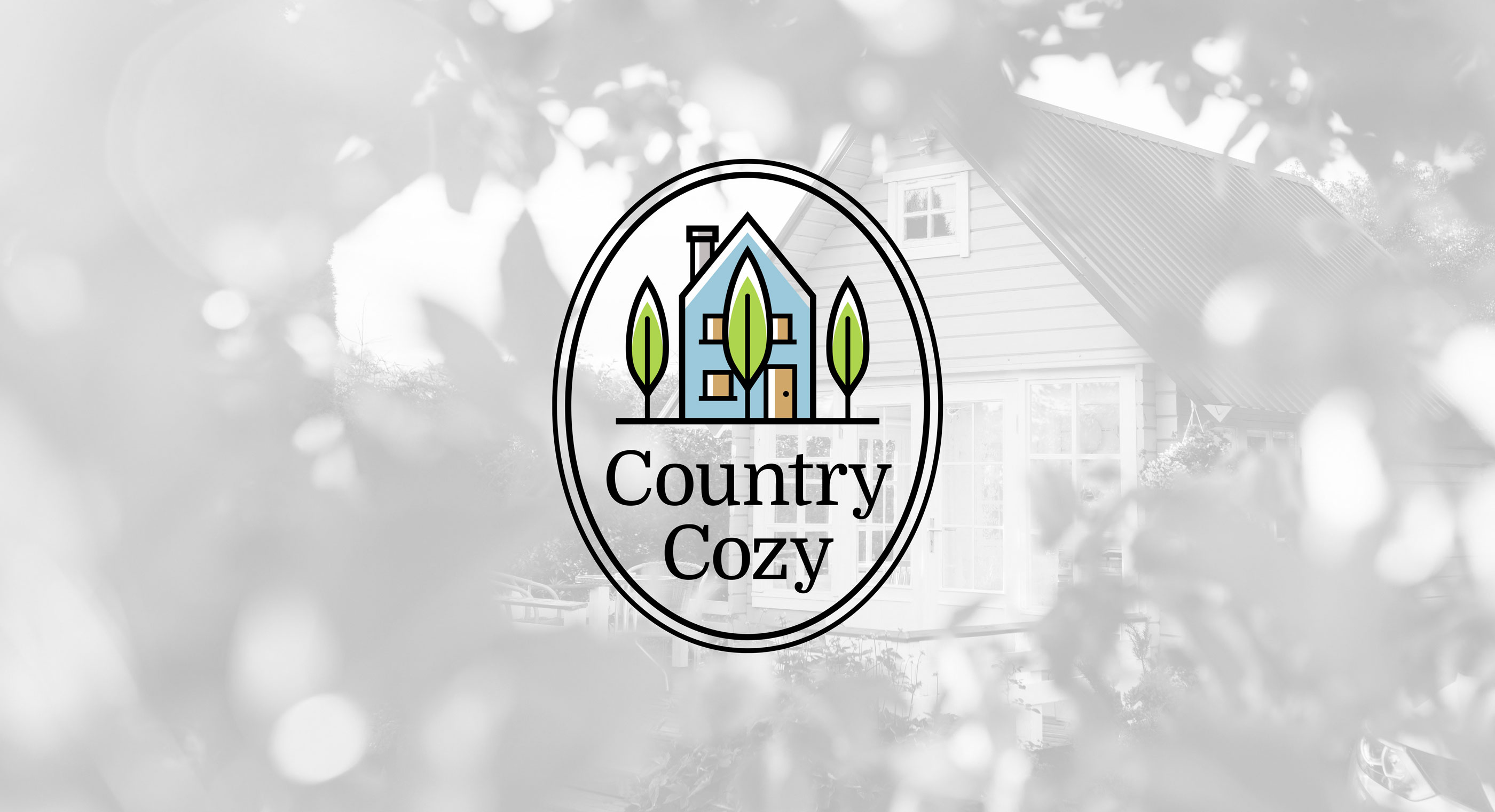 Country Cozy, House Logo Design on a Black and White Photo Background, By Karbon Branding