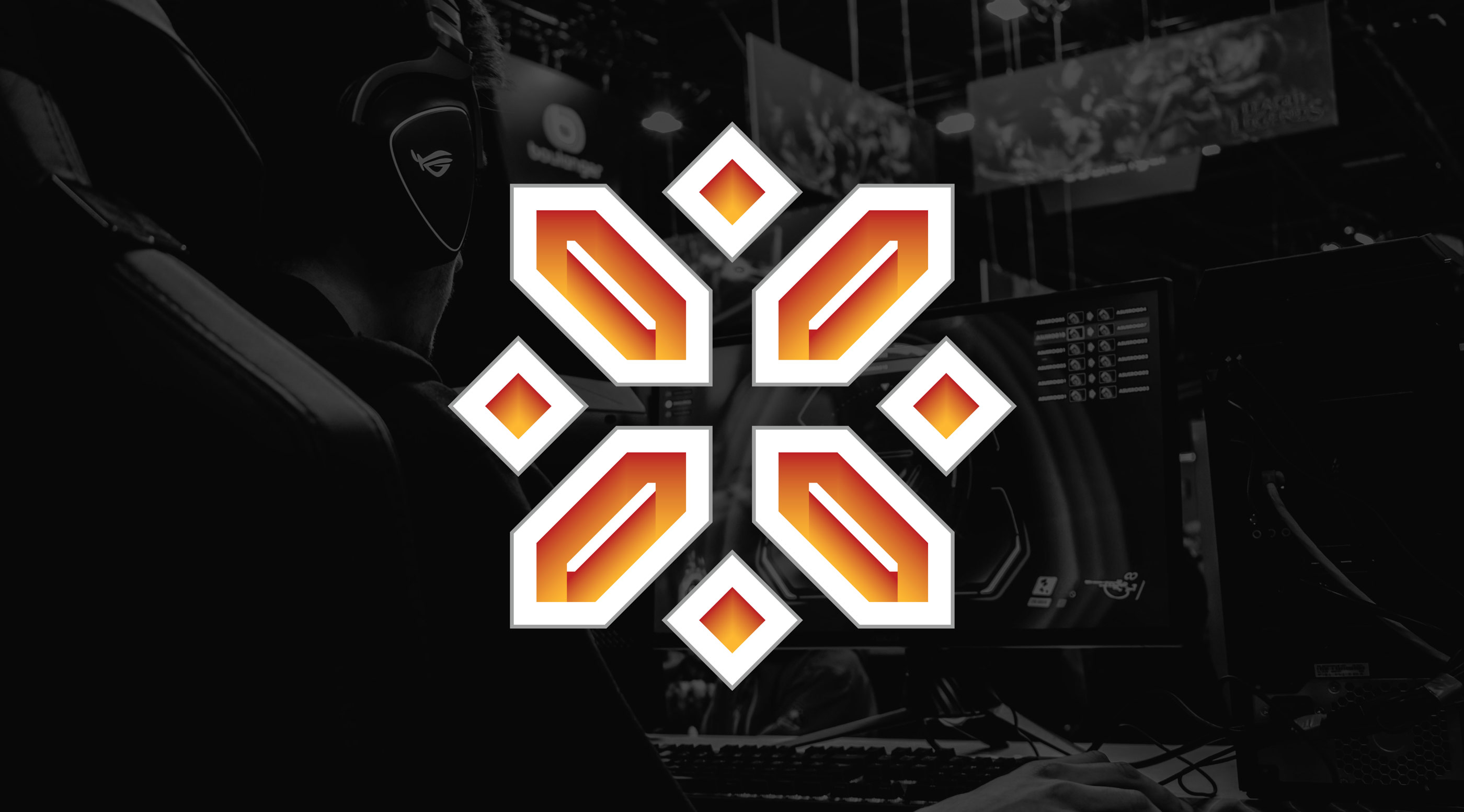 An orange and white esports logo design mark superimposed over an image of an esports event, By Karbon Branding