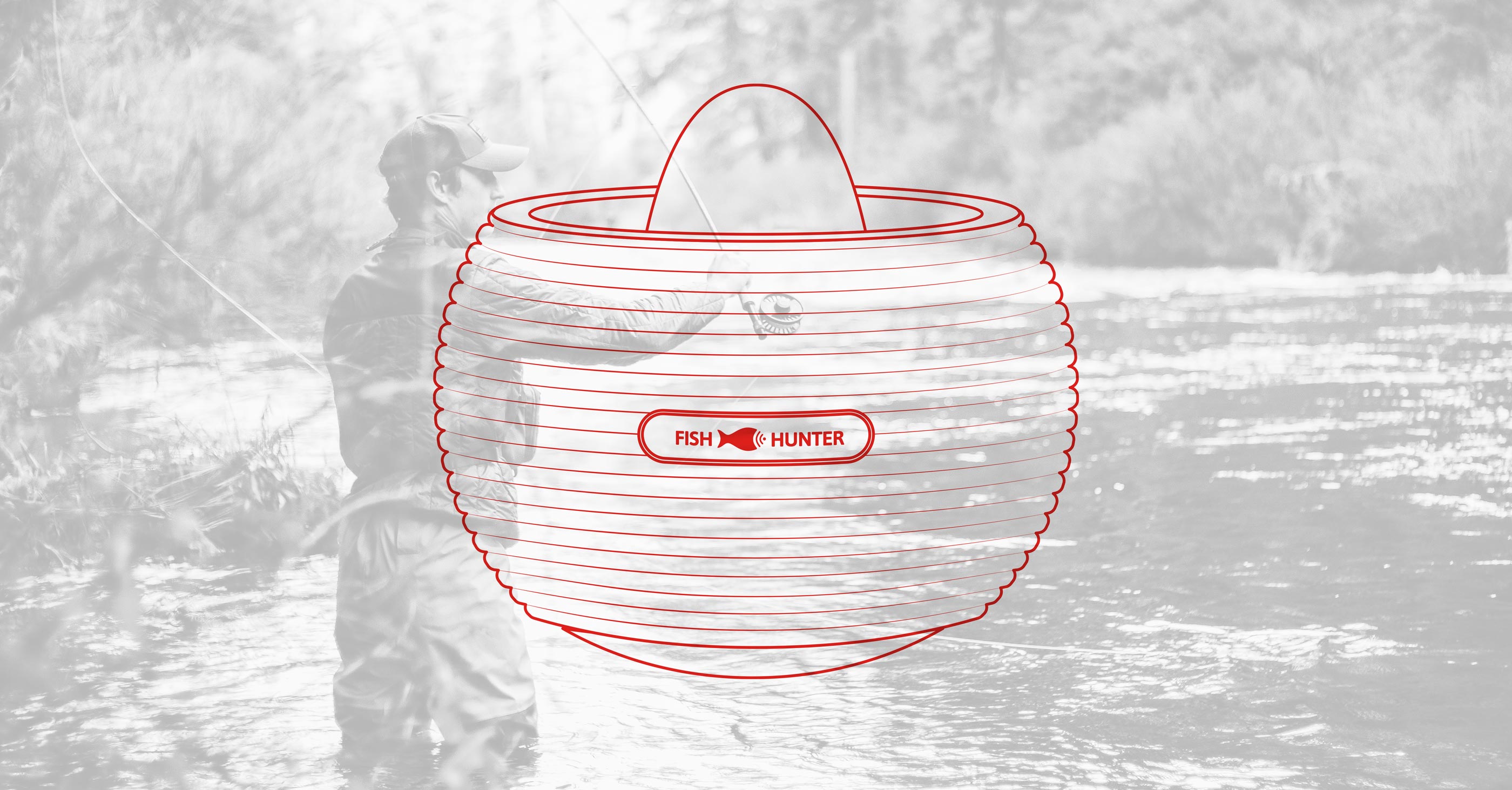 Showing a Fish Hunter Line Illustration Design in Red Superimposed Over Black and White Fisherman Image by Karbon Branding