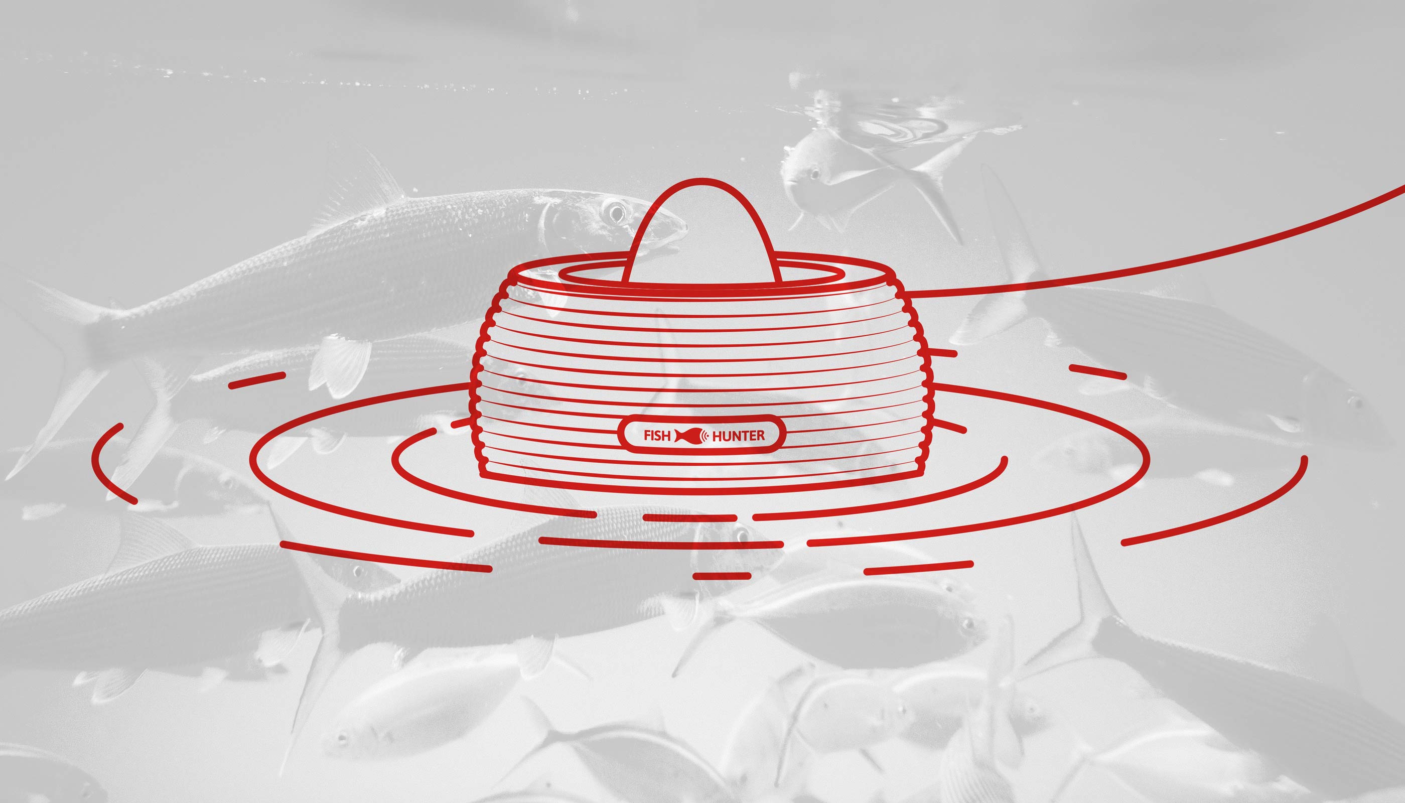 Showing a Fish Hunter Line Illustration Design in Red Superimposed Over Black and White Image of Fish by Karbon Branding