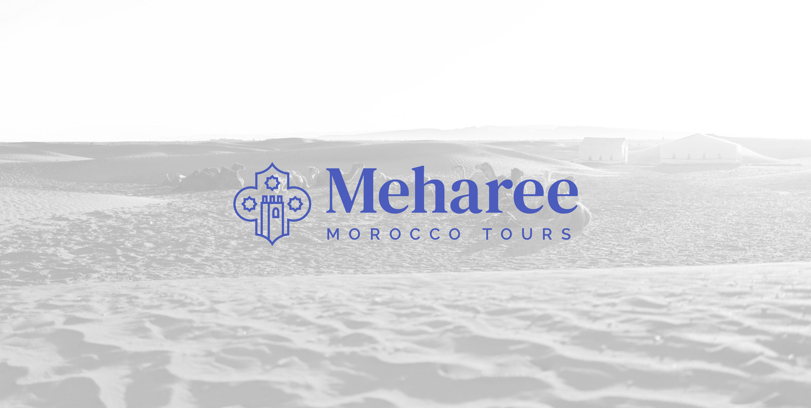 Meharee Morocco Tours Logo Design Superimposed Over Camels and Desert Image by Karbon Branding