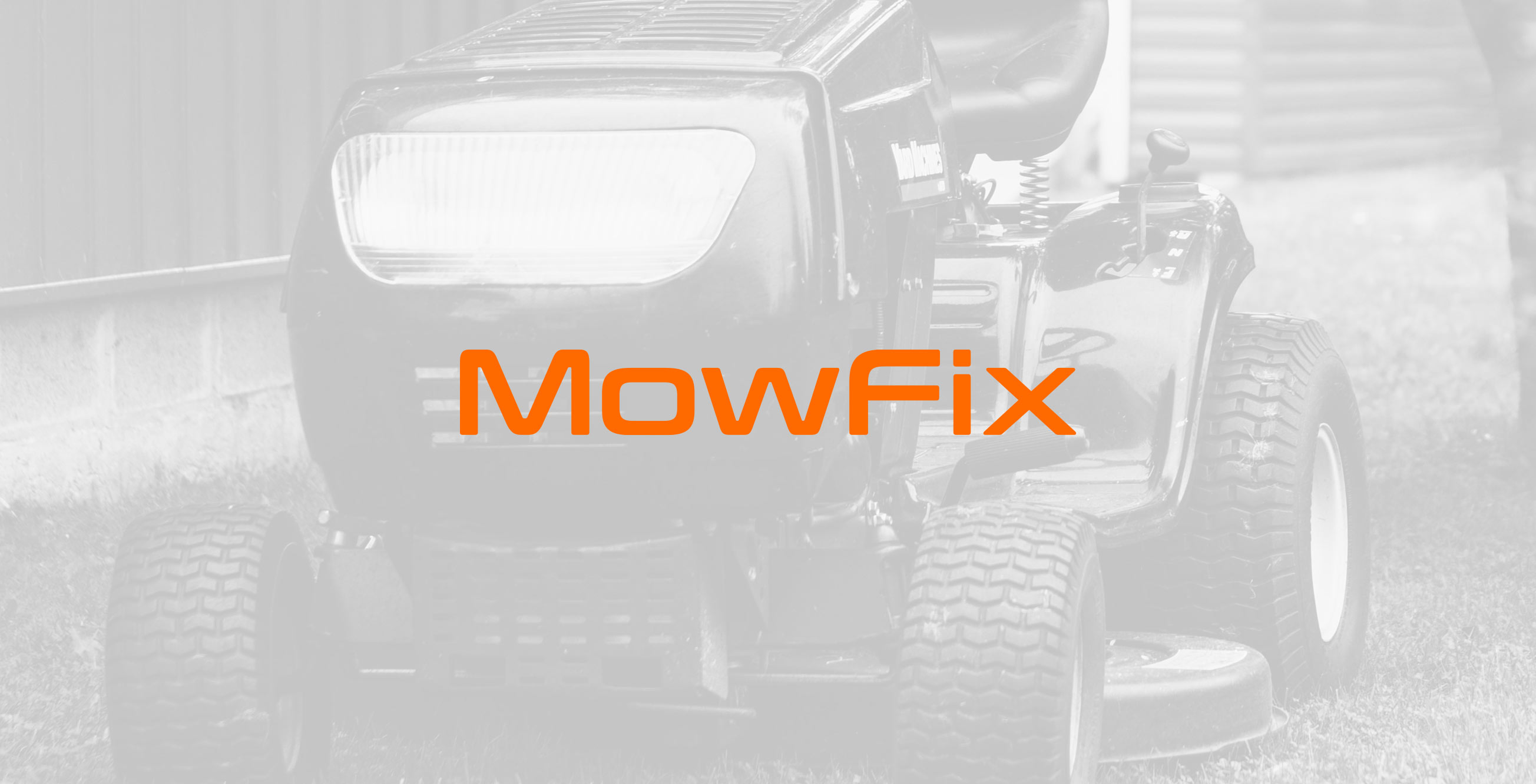 Mowfix Wordmark Logo Design Superimposed Over Image of Ride-On Lawnmower, by Karbon Branding
